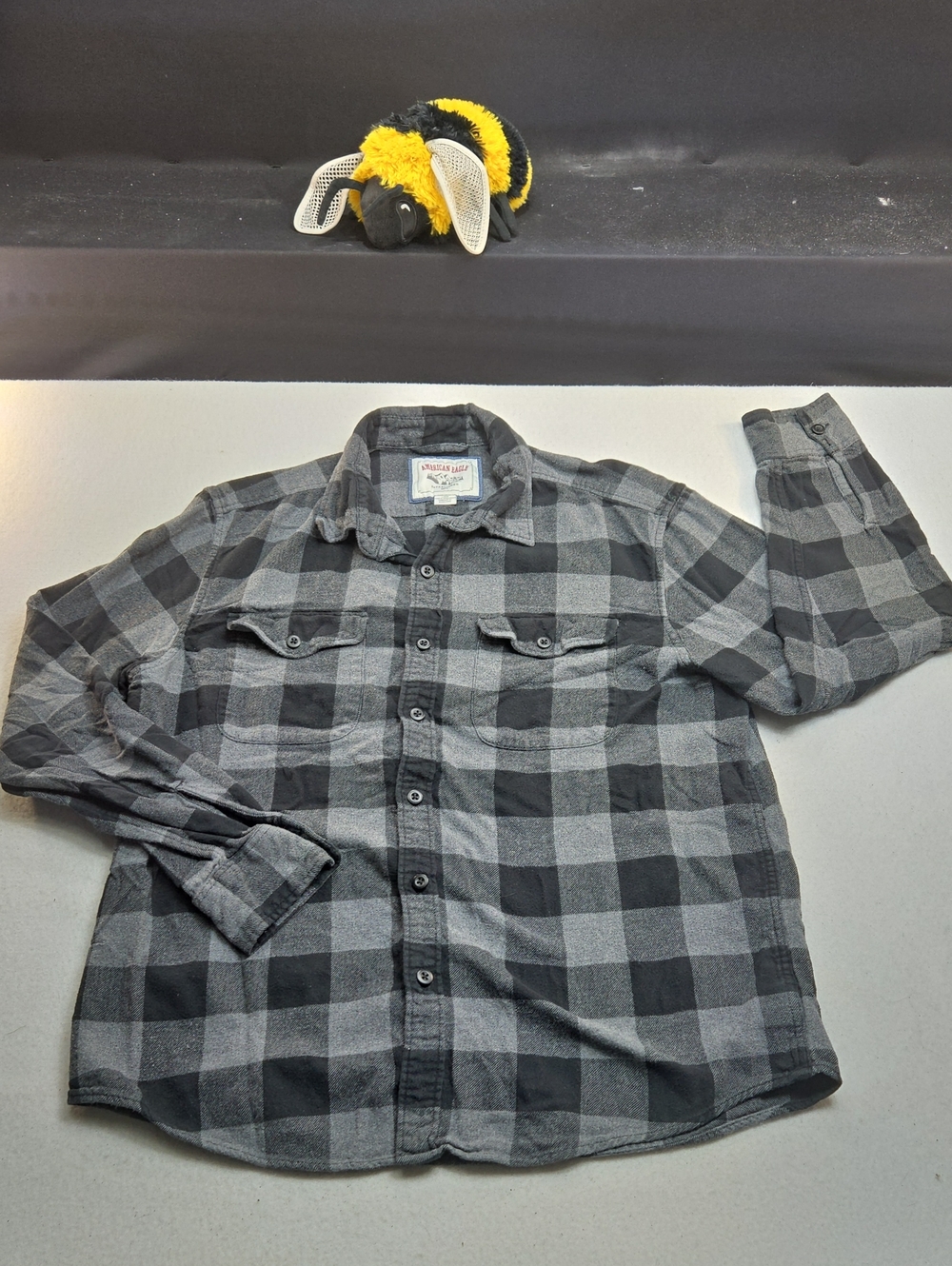 American Eagle Men's Black & Gray Plaid Button-Down Shirt - Casual Long Sleeve